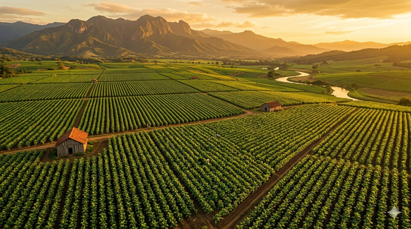 Plantaci&oacute;n de tabaco dominicano en el Valle del Cibao al atardecer