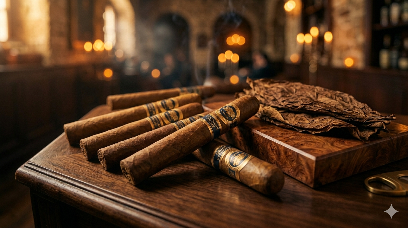 Puros artesanales dominicanos sobre madera en lounge colonial