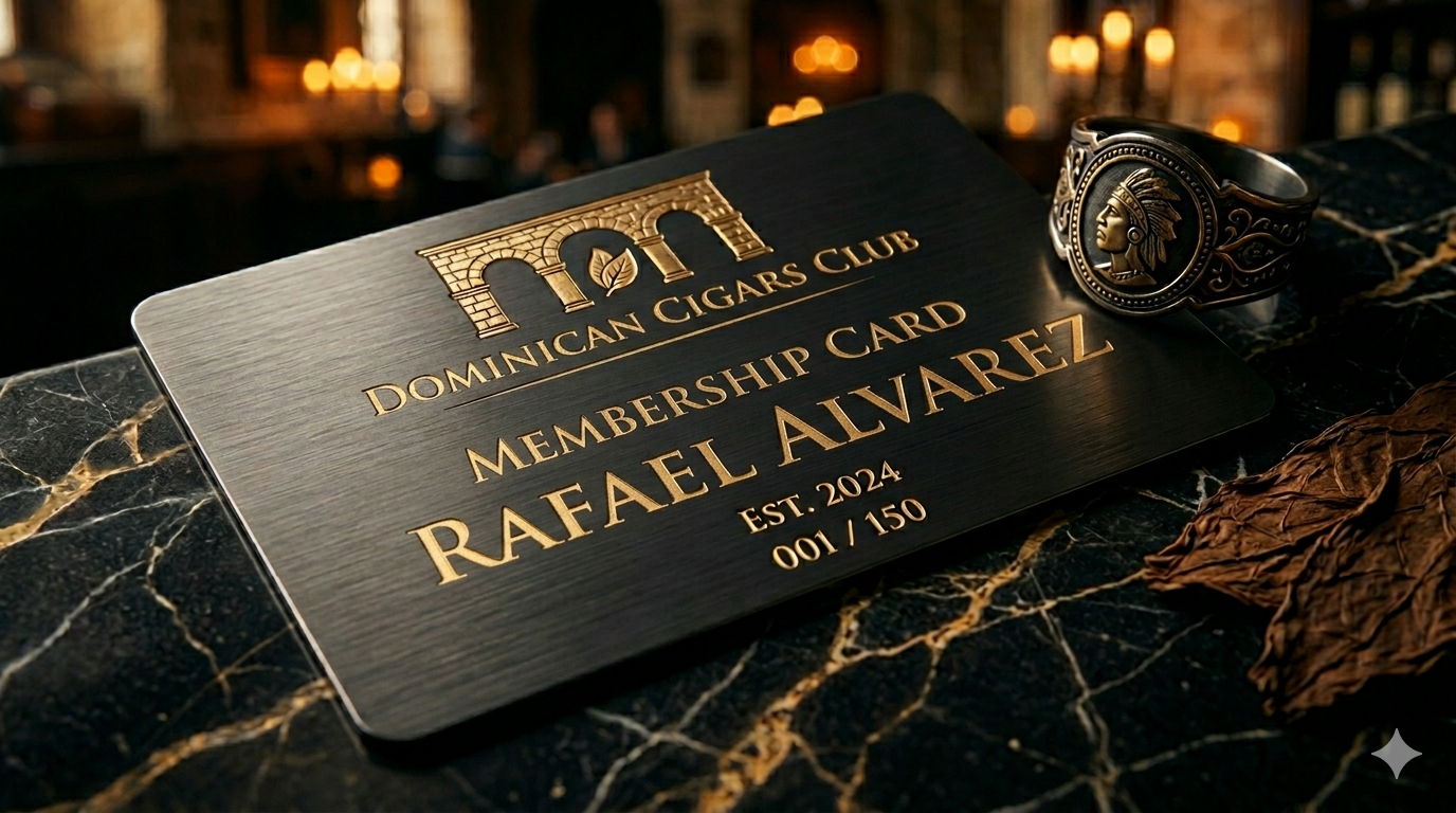 Tarjeta de membres&iacute;a Diplom&aacute;tico Dominican Cigars Club grabada en metal negro
